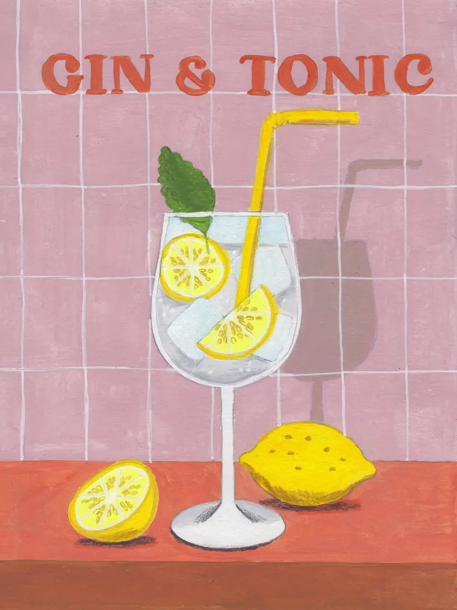 Poster mit einem Gin & Tonic, garniert mit Zitronenscheiben und einem gelben Strohhalm vor einem rosa Hintergrund.