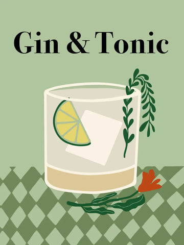 Grafische Illustration eines Gin Tonic mit Limette und Kräutern auf grünem Hintergrund.
