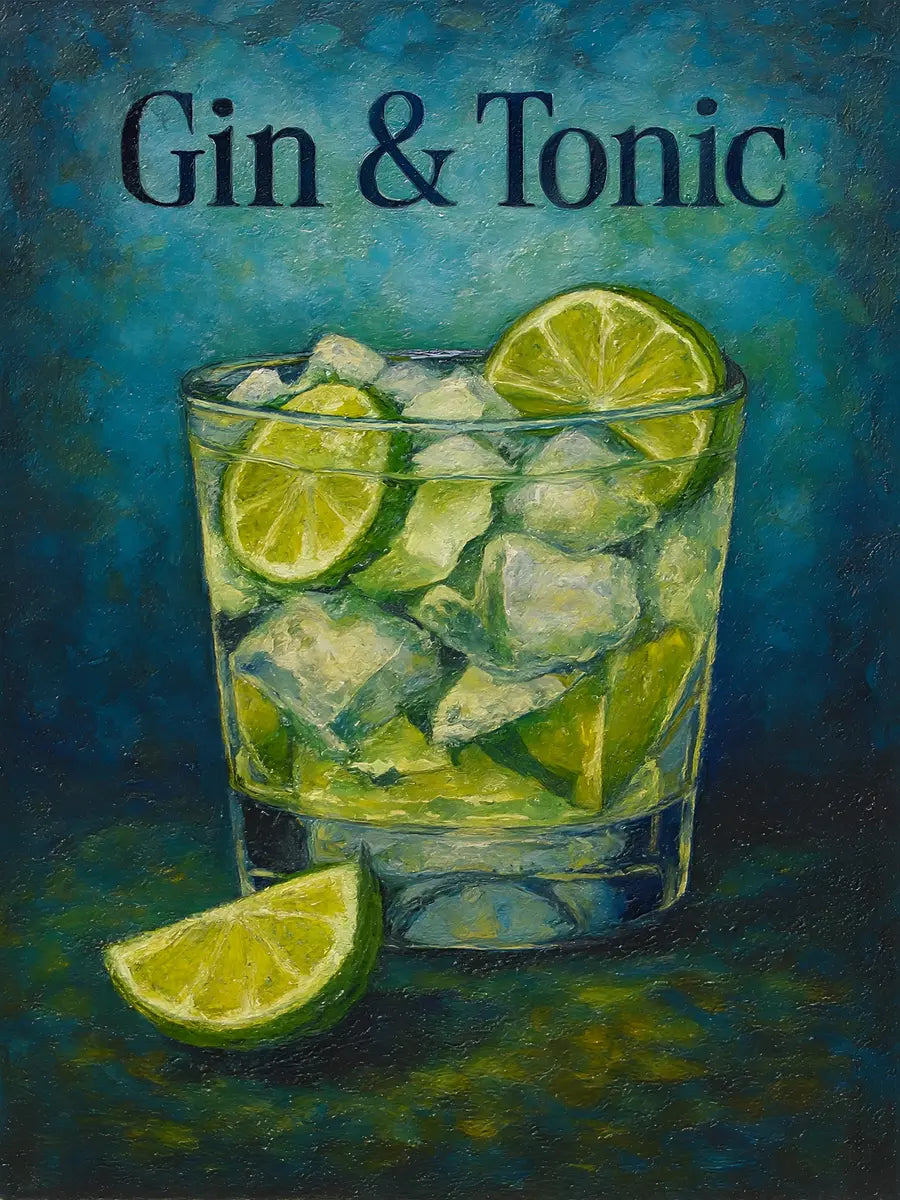 Ein Glas Gin & Tonic mit Eis und Limetten vor einem blau-grünen Hintergrund.