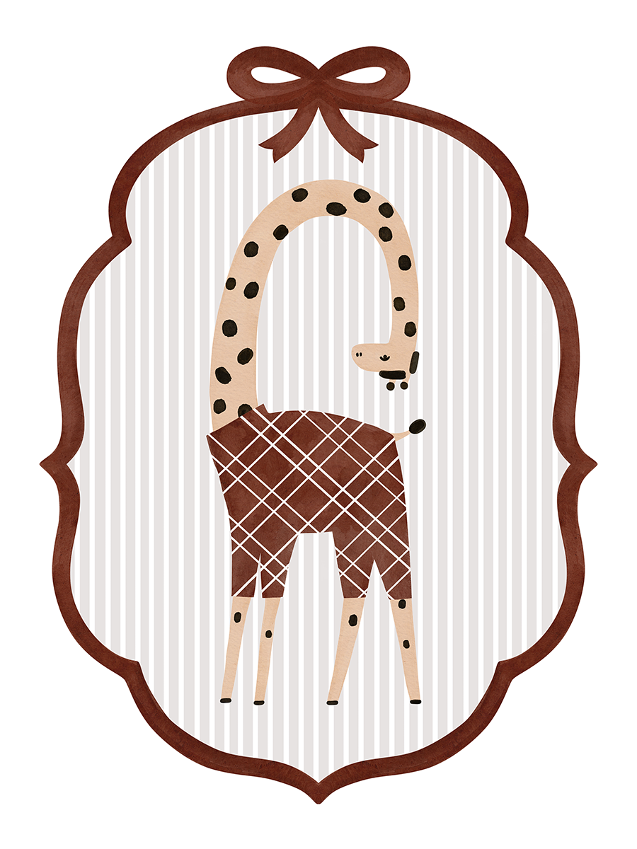 Illustration einer Giraffe in einem gemusterten Rahmen mit braunem Bogen auf grauem, gestreiftem Hintergrund.