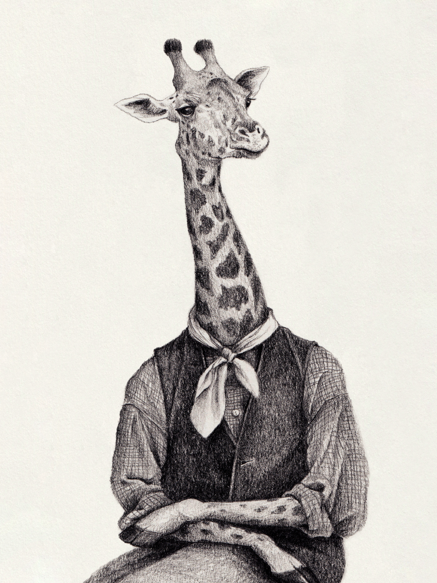 Illustration einer Giraffe in einem Hemd mit Weste und Halstuch auf hellem Hintergrund.