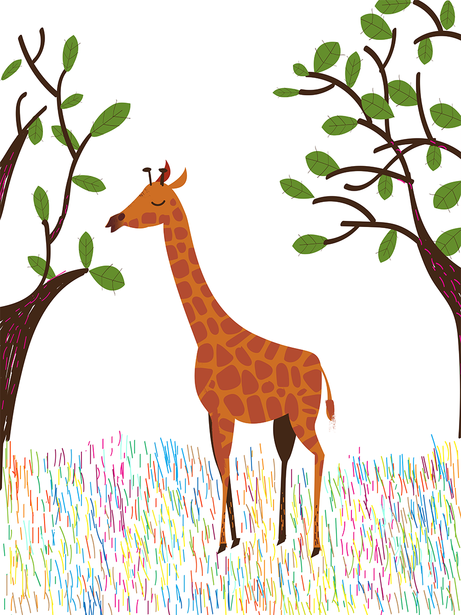 Illustration einer Giraffe zwischen zwei Bäumen mit buntem Gras.