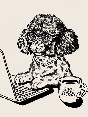 Illustration eines Hundes mit Brille und Perlenkette vor einem Laptop und einer Kaffeetasse mit der Aufschrift "Girl Boss".