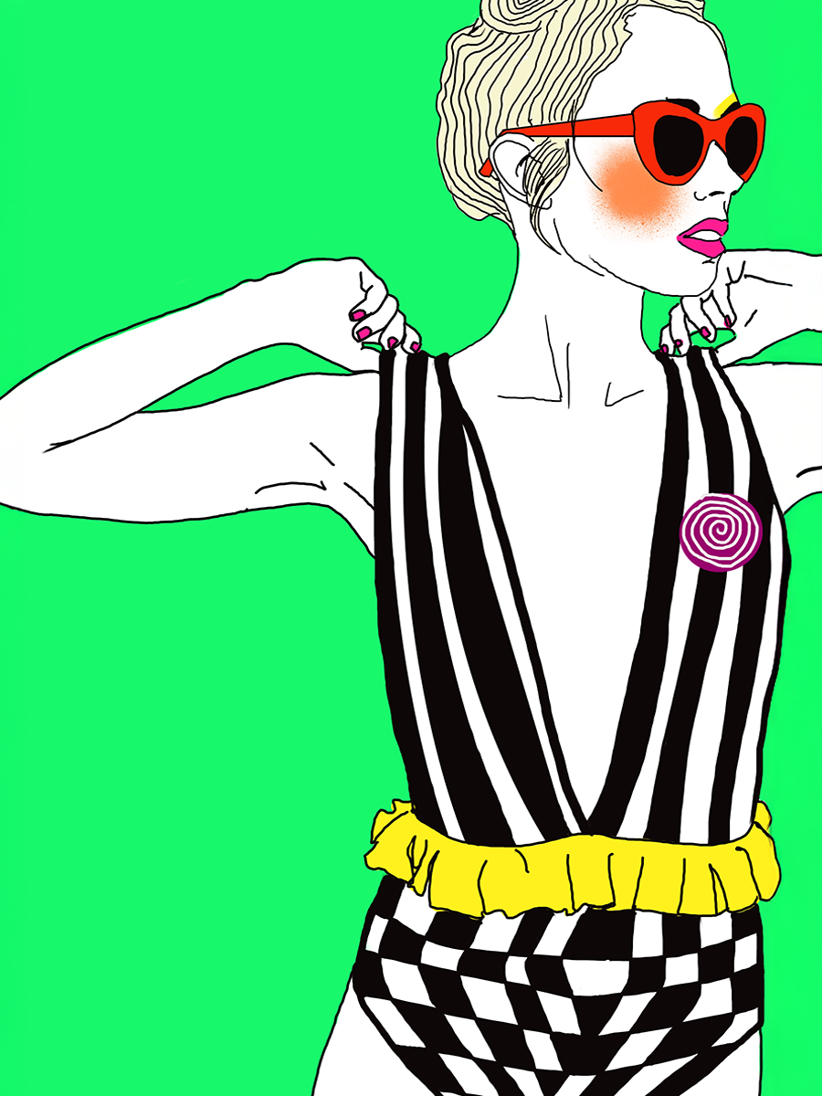 Illustration einer Frau in gestreiftem Badeanzug und Sonnenbrille vor grünem Hintergrund.