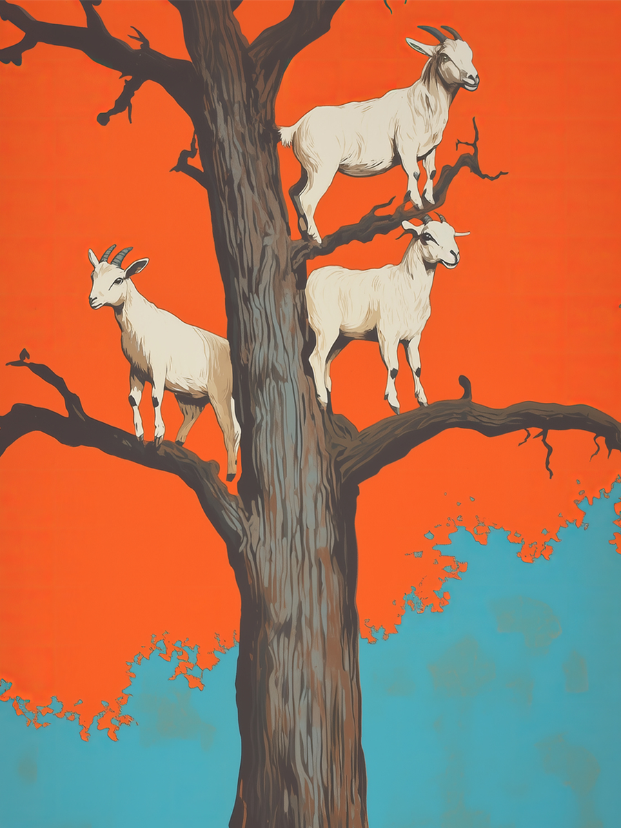 Drei Ziegen stehen auf einem Baum vor einem orangefarbenen Hintergrund.