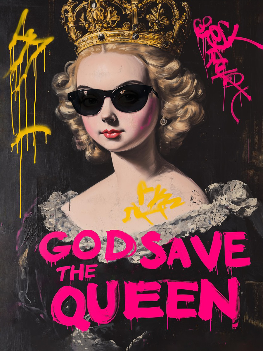Poster einer Königin mit Krone und Sonnenbrille, mit pinkem Text "God Save The Queen".