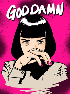 Illustration einer Frau mit schwarzem Haar und rosa Nägeln auf pinkfarbenem Hintergrund mit dem Text "Goddamn" in Weiß.
