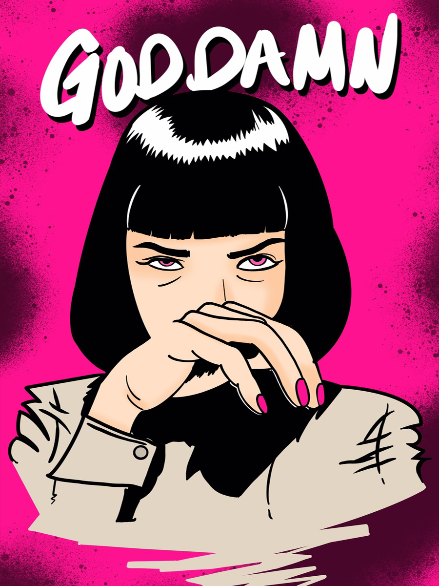 Illustration einer Frau mit schwarzem Haar und rosa Nägeln auf pinkfarbenem Hintergrund mit dem Text "Goddamn" in Weiß.