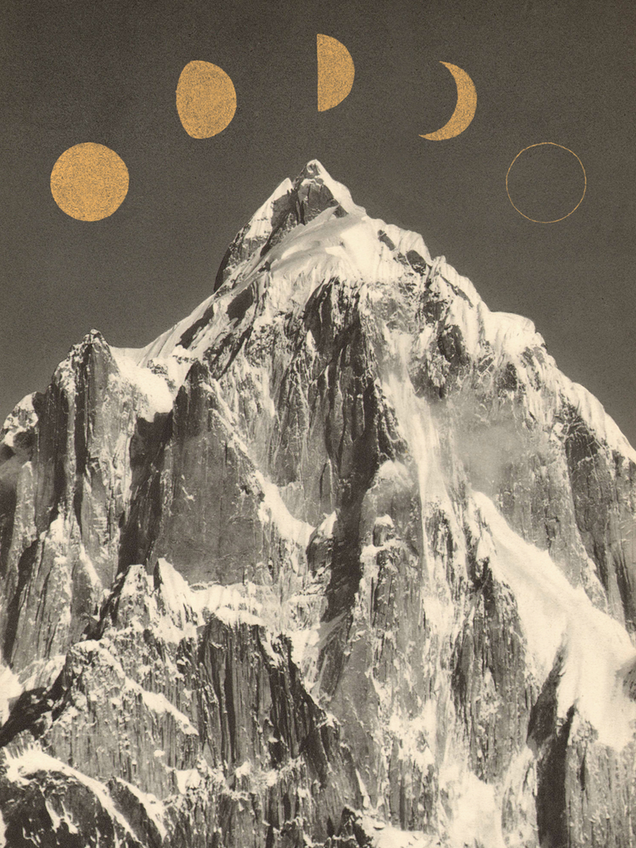 Poster mit goldenen Mondphasen über einem Berggipfel in Schwarz-Weiß.