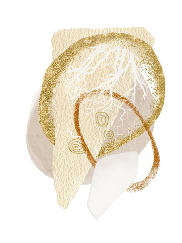 Grafische Illustration mit abstrakten Formen und Linien in Gold und Beige.