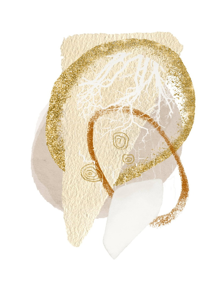 Grafische Illustration mit abstrakten Formen und Linien in Gold und Beige.