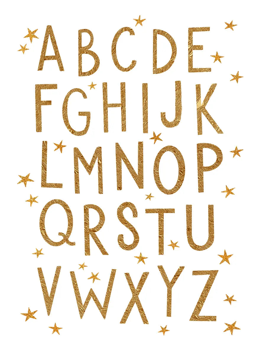 Goldener Alphabetdruck mit kleinen goldenen Sternen auf weißem Hintergrund.