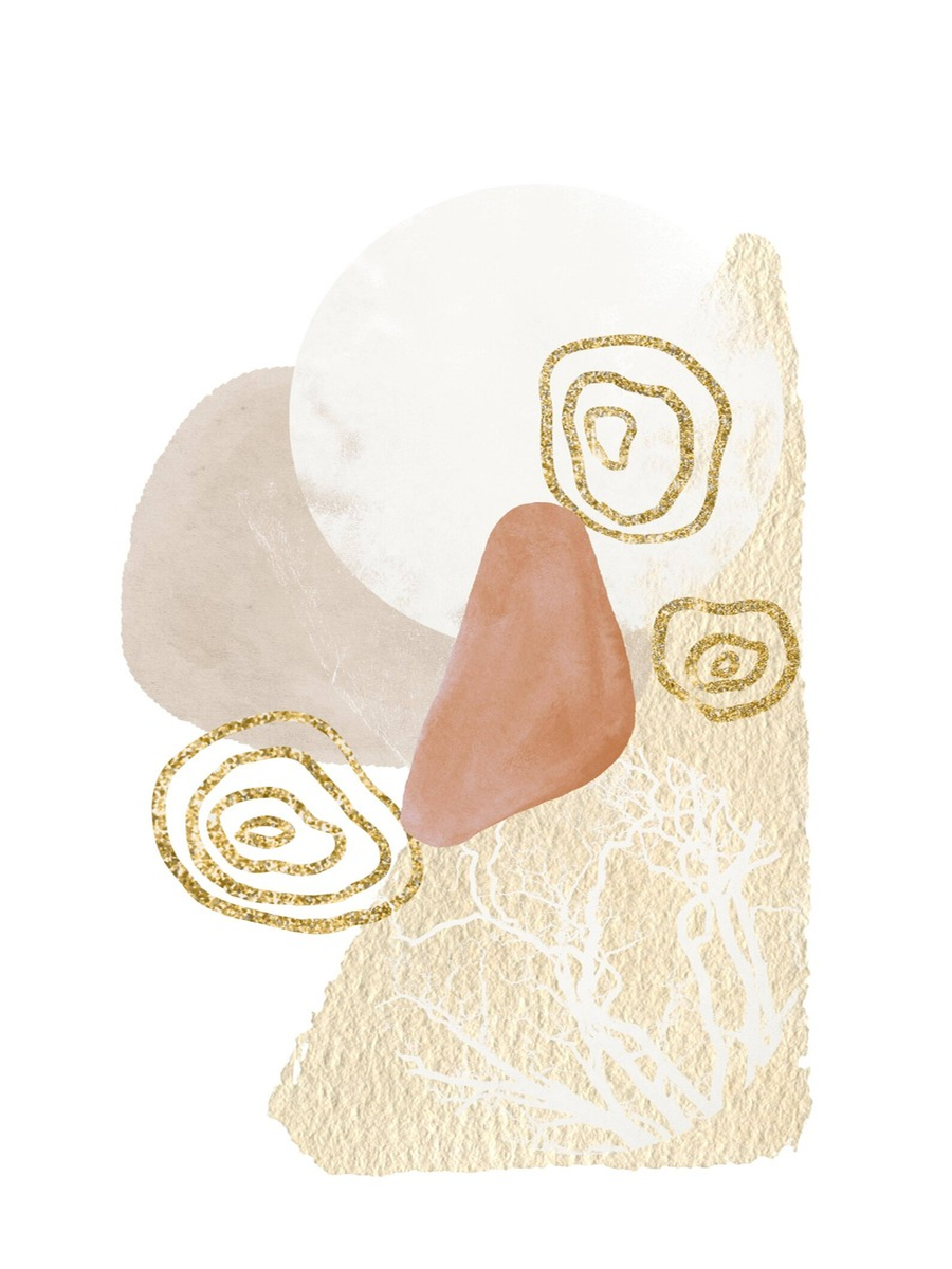 Grafik mit abstrakten Formen in Beige und Rosa mit goldenen Kreisen.