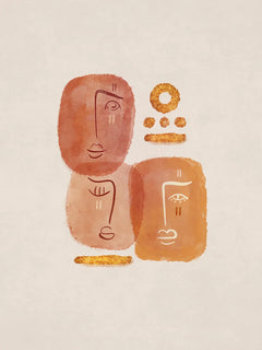 Grafische Illustration von zwei Gesichtern in Orange mit goldenen Details auf beigem Hintergrund.