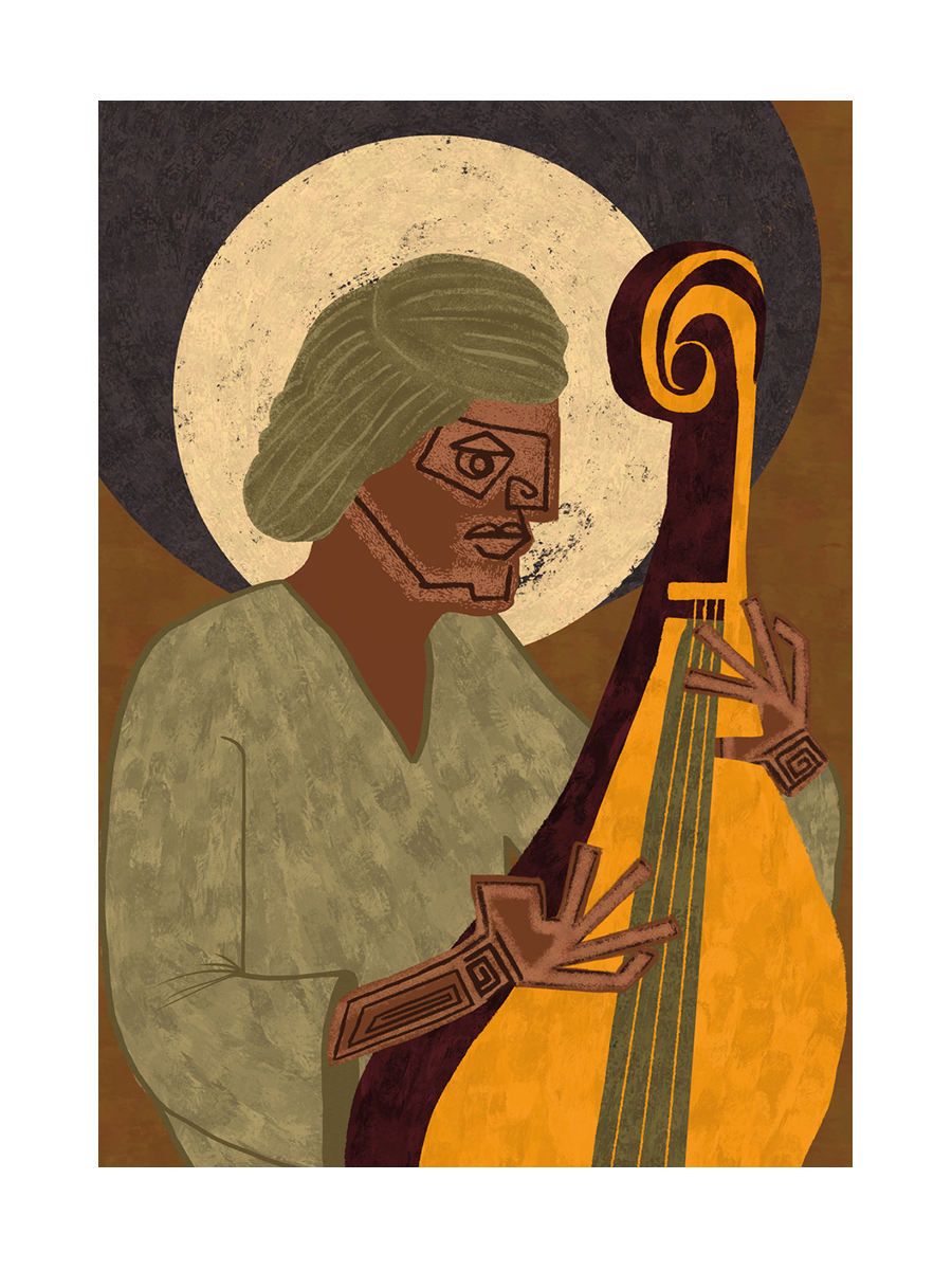 Illustration eines Musikers mit einem Saiteninstrument in abstrakten Formen und gedeckten Farben.