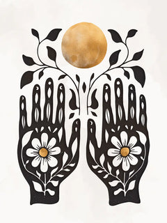 Illustration von zwei schwarzen Händen mit weißen Blumen, die eine goldene Sonne halten.