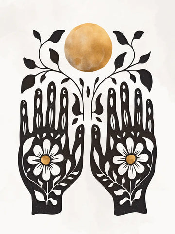Illustration von zwei schwarzen Händen mit weißen Blumen, die eine goldene Sonne halten.