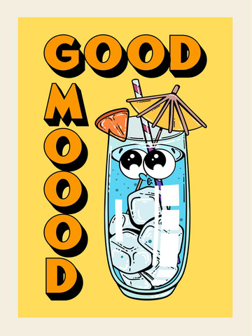 Grafisches Poster mit dem Text "Good Mood" und einem Cartoon-Cocktail auf gelbem Hintergrund.