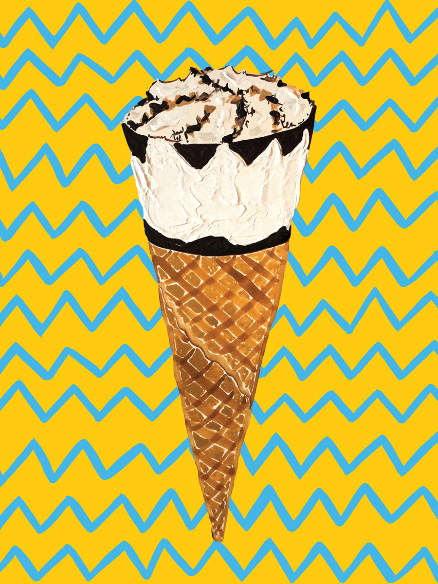 Illustration eines Eiscreme-Cornets vor einem gelben Hintergrund mit blauen Zickzacklinien.