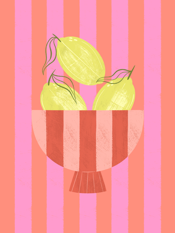 Illustration von Stachelbeeren in einer gestreiften Schale auf einem gestreiften Hintergrund.