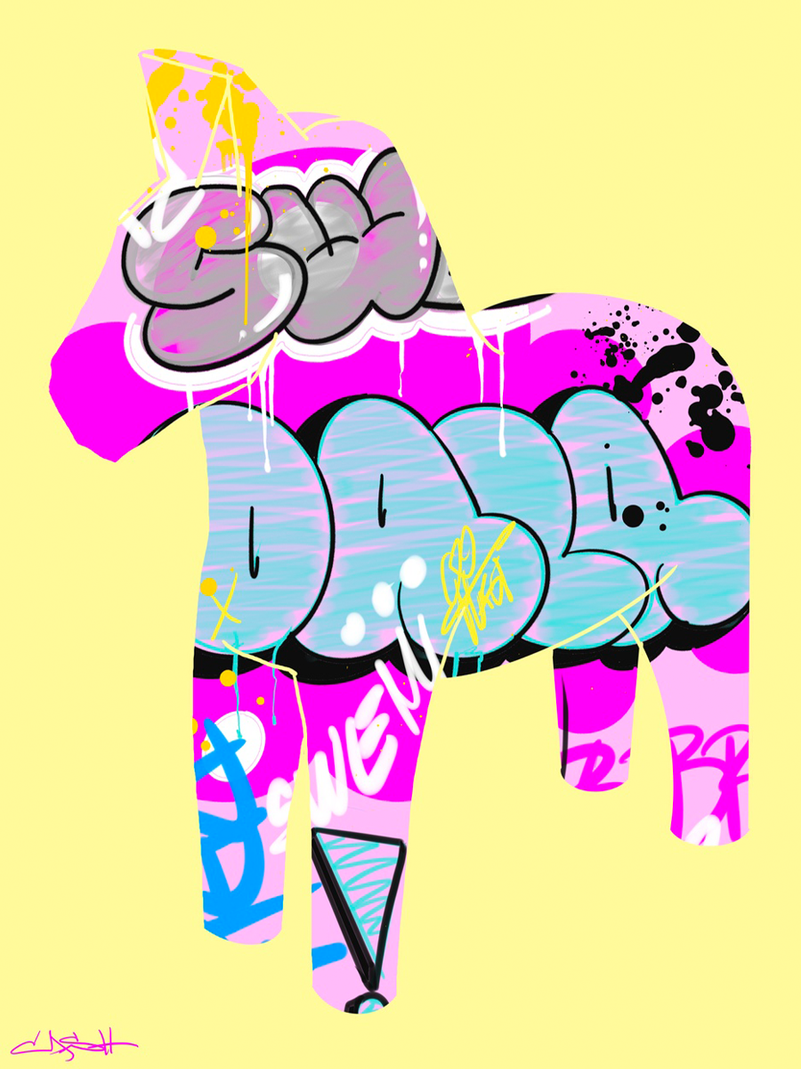 Poster eines Dalapferds im Graffiti-Stil auf gelbem Hintergrund.