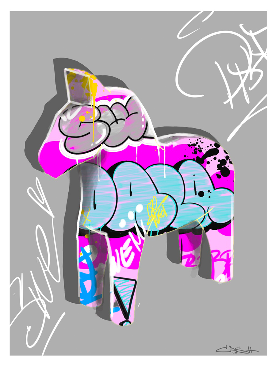 Poster eines Dalapferds in Graffiti-Farben auf grauem Hintergrund.