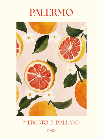 Poster mit Orangen und weißen Blumen auf rosa Hintergrund, Text „Palermo Mercato di Ballarò Italy“.