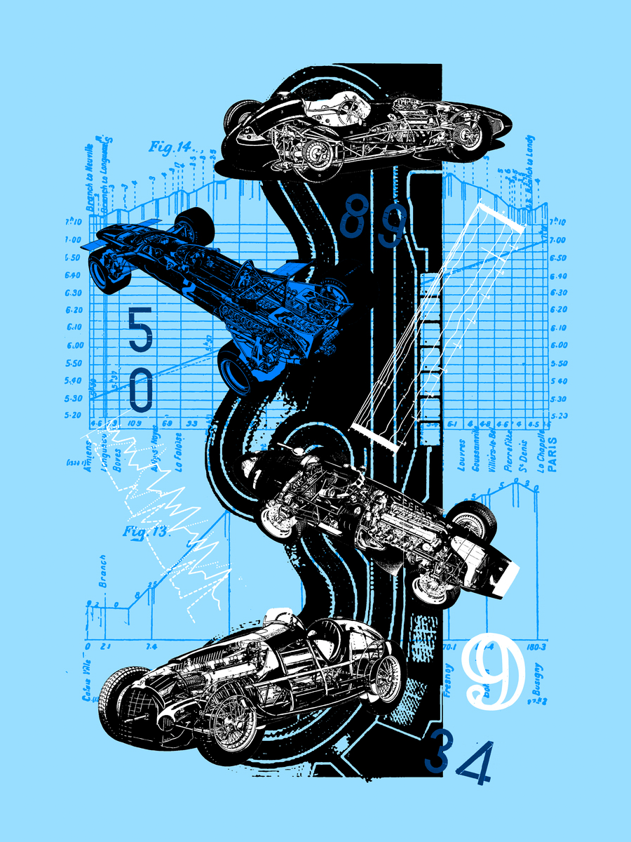Grafische Illustration von Formel-1-Autos auf hellblauem Hintergrund mit technischen Diagrammen.