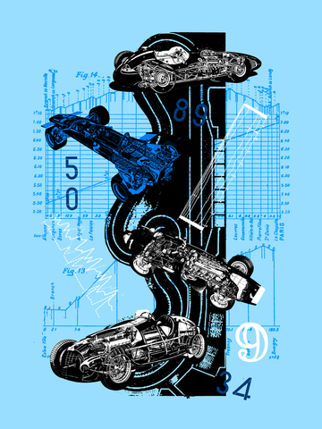 Grafische Illustration von Formel-1-Autos auf hellblauem Hintergrund mit technischen Diagrammen.