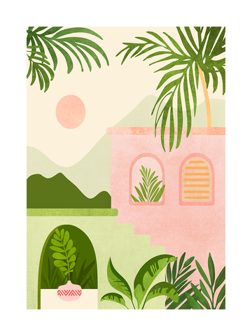 Grafische Illustration von Pflanzen, einem rosa Gebäude, grüner Landschaft, Bergen und einer rosa Sonne.