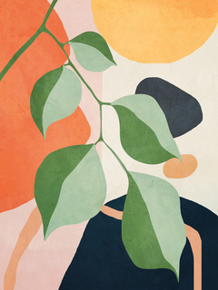 Grafische Illustration mit einer grünen Pflanze vor einem Hintergrund mit Formen in Orange, Gelb, Rosa und Schwarz.