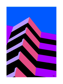 Grafische Illustration eines Gebäudes mit blauem Himmel im Hintergrund.