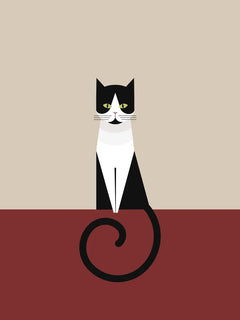 Grafische Illustration einer schwarz-weißen Katze mit beigem Hintergrund.