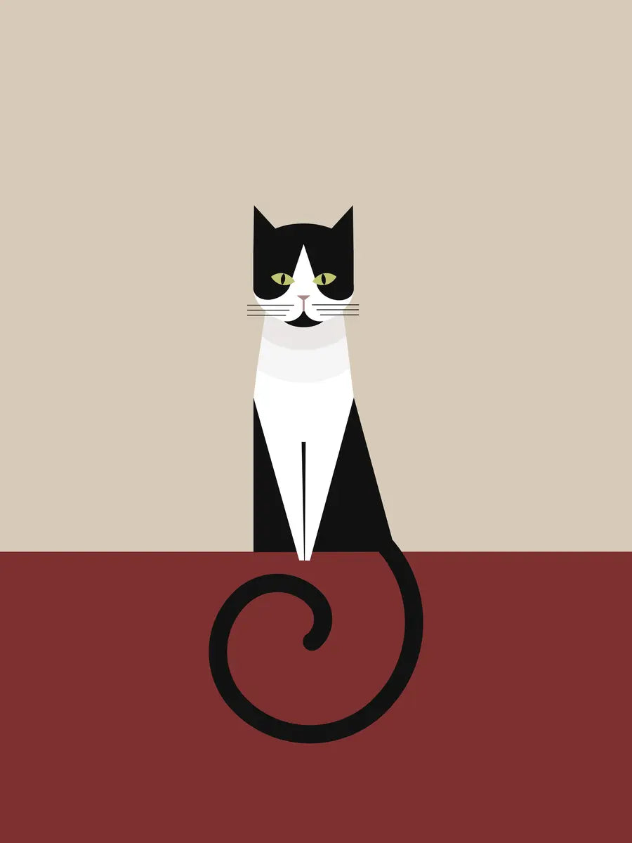 Grafische Illustration einer schwarz-weißen Katze mit beigem Hintergrund.