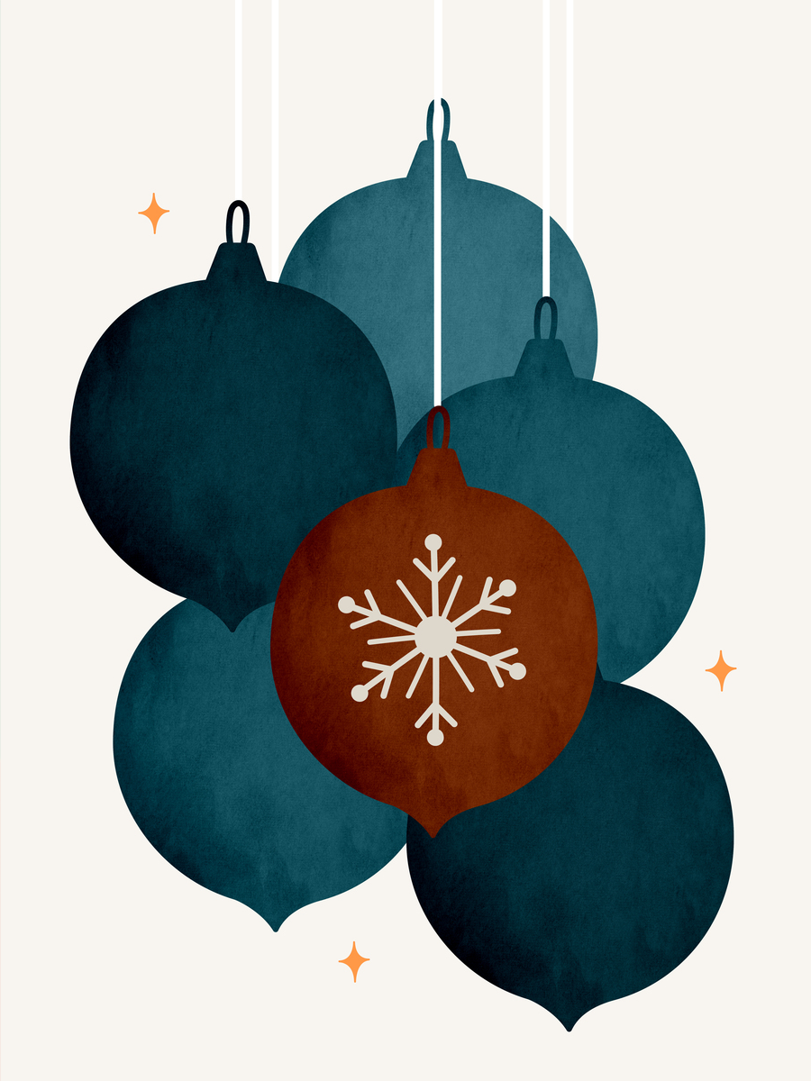 Grafische Illustration von blauen und roten Weihnachtskugeln mit einer Schneeflocke auf beigem Hintergrund.