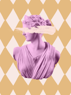 Poster mit einer rosa Statue vor einem grafischen Hintergrund mit Diamantformen und einem Pinselstrich über den Augen.