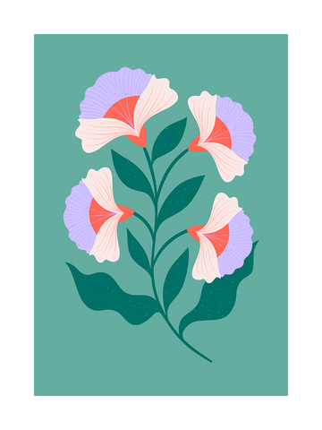 Grafische Illustration von vier Blüten in Lila, Rosa und Rot mit grünen Blättern auf grünem Hintergrund.