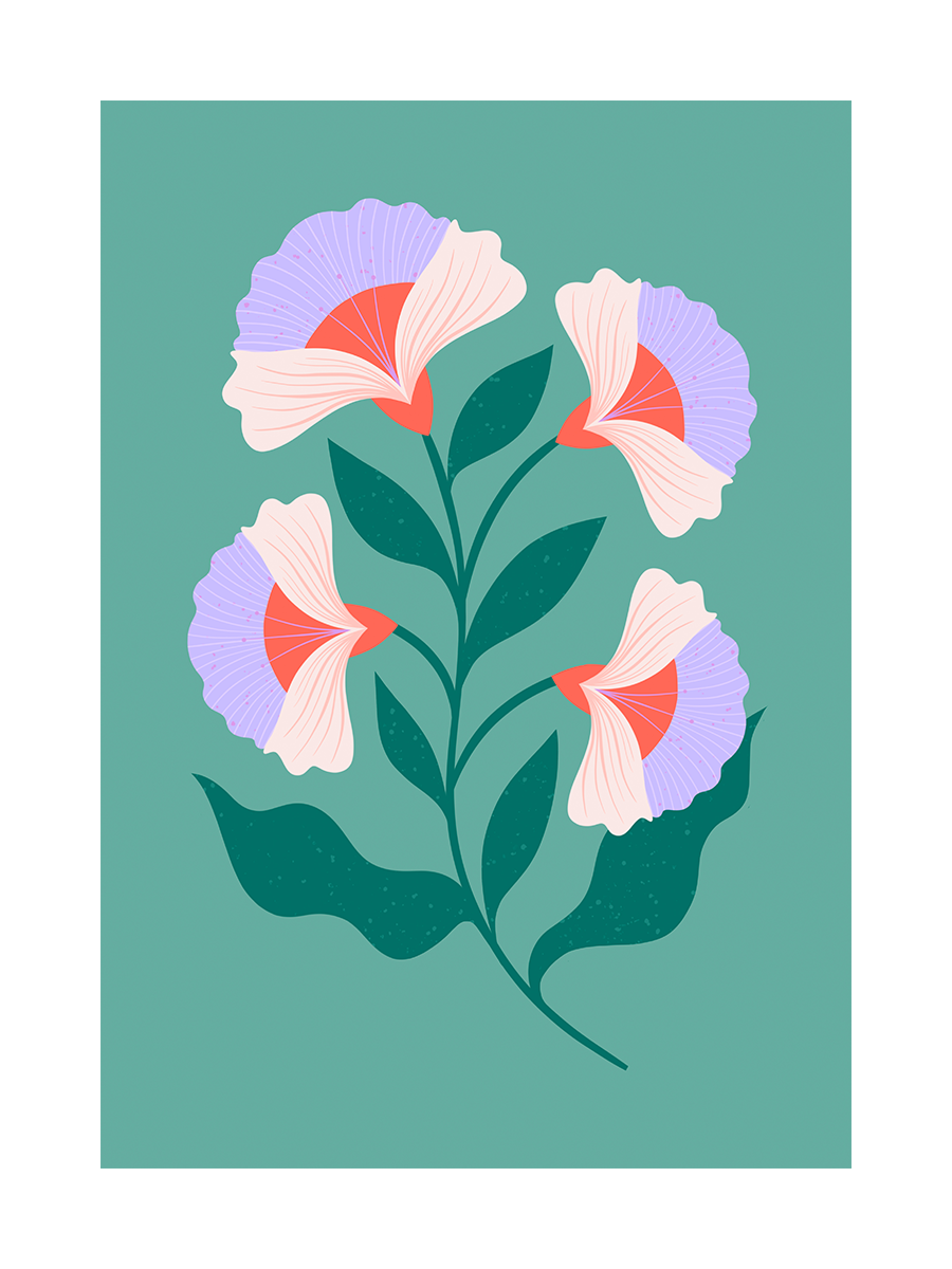 Grafische Illustration von vier Blüten in Lila, Rosa und Rot mit grünen Blättern auf grünem Hintergrund.
