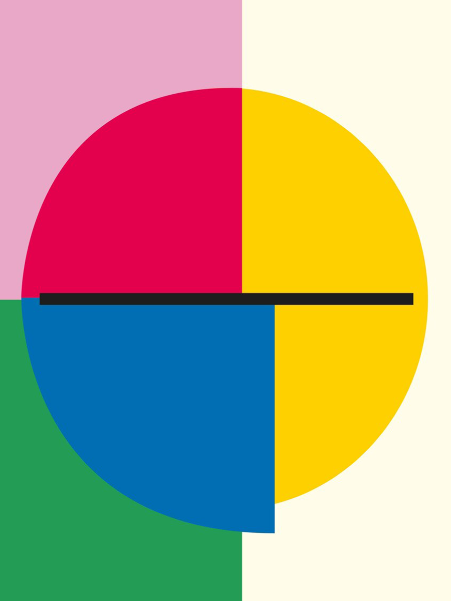 Poster mit einem großen Kreis in leuchtenden Farben und einem schwarzen Balken.
