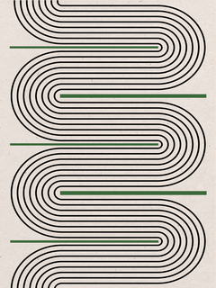 Grafisches Poster mit schwarzen Linien und grünen Streifen auf beigem Hintergrund.