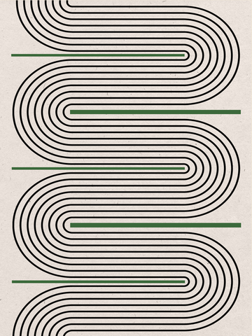 Grafisches Poster mit schwarzen Linien und grünen Streifen auf beigem Hintergrund.