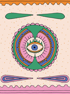 Grafisches Poster mit einem stilisierten Auge in leuchtenden Farben und geometrischen Formen.