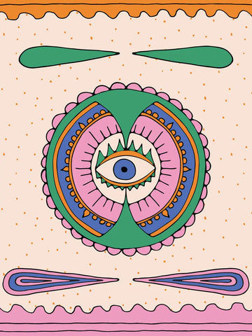 Grafisches Poster mit einem stilisierten Auge in leuchtenden Farben und geometrischen Formen.