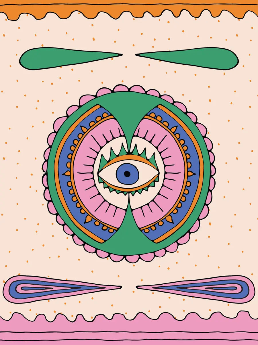 Grafisches Poster mit einem stilisierten Auge in leuchtenden Farben und geometrischen Formen.
