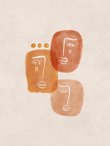 Grafische Illustration mit abstrakten Gesichtern in Weiß auf roten und orangefarbenen Formen vor einem beigen Hintergrund.