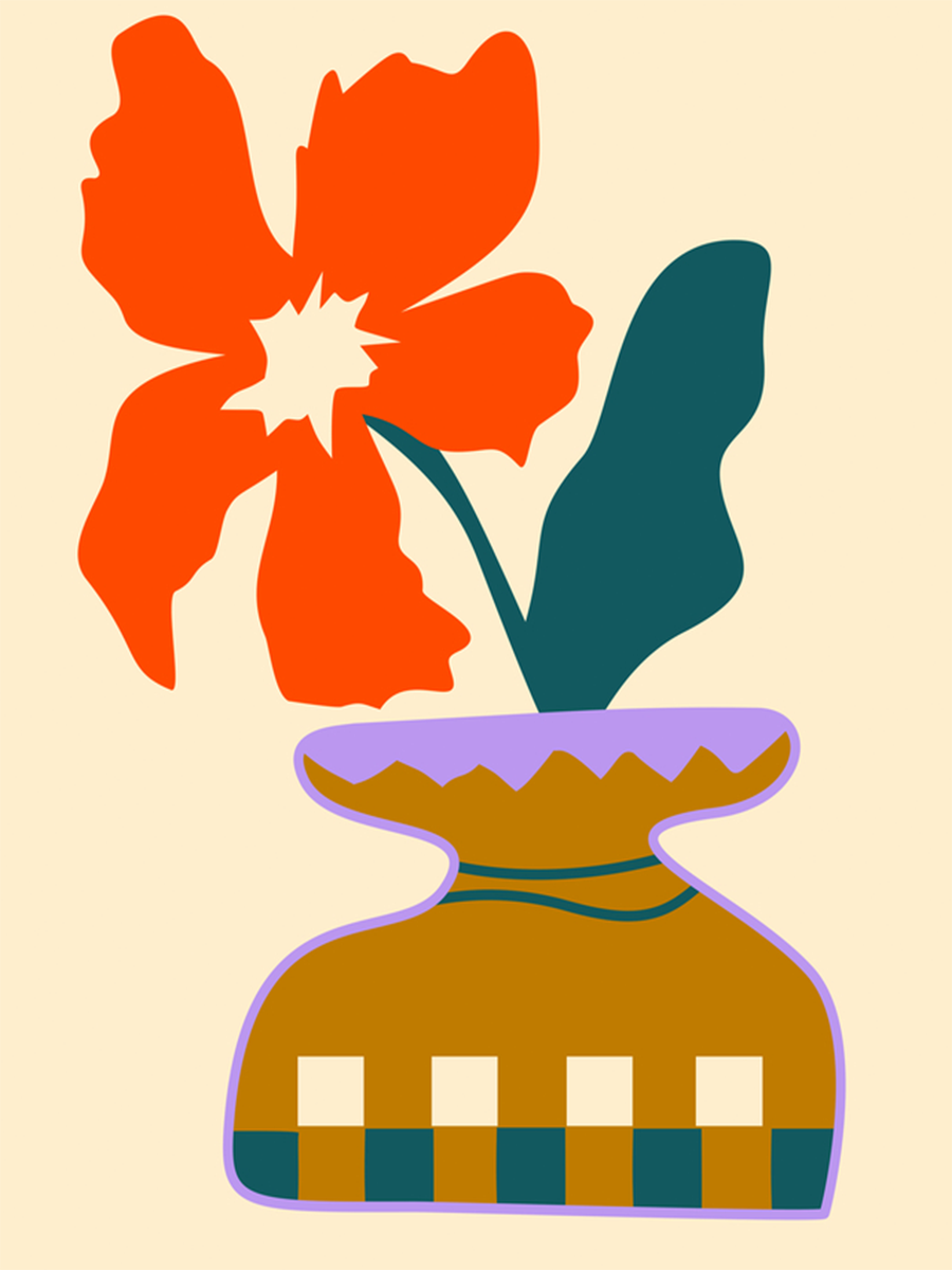 Grafische Illustration einer roten Blume mit grünen Blättern in einer bunten Vase auf hellbeigem Hintergrund.