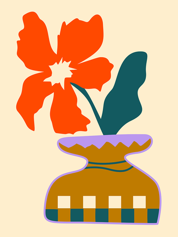 Grafische Illustration einer roten Blume mit grünen Blättern in einer bunten Vase auf hellbeigem Hintergrund.
