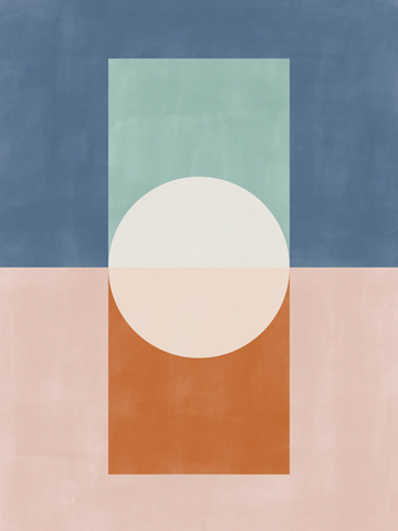 Grafik mit geometrischen Formen in Blau, Grün, Weiß und Orange auf einem abstrakten Hintergrund.