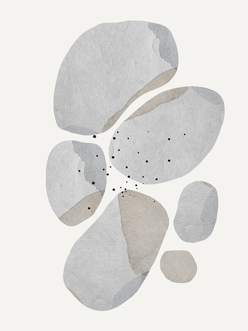 Grafische Illustration von Steinen in Grau und Beige mit schwarzen Punkten auf grauem Hintergrund.