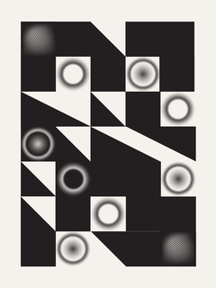 Grafisches Muster in Schwarz und Weiß mit Quadraten, Kreisen und Dreiecken.